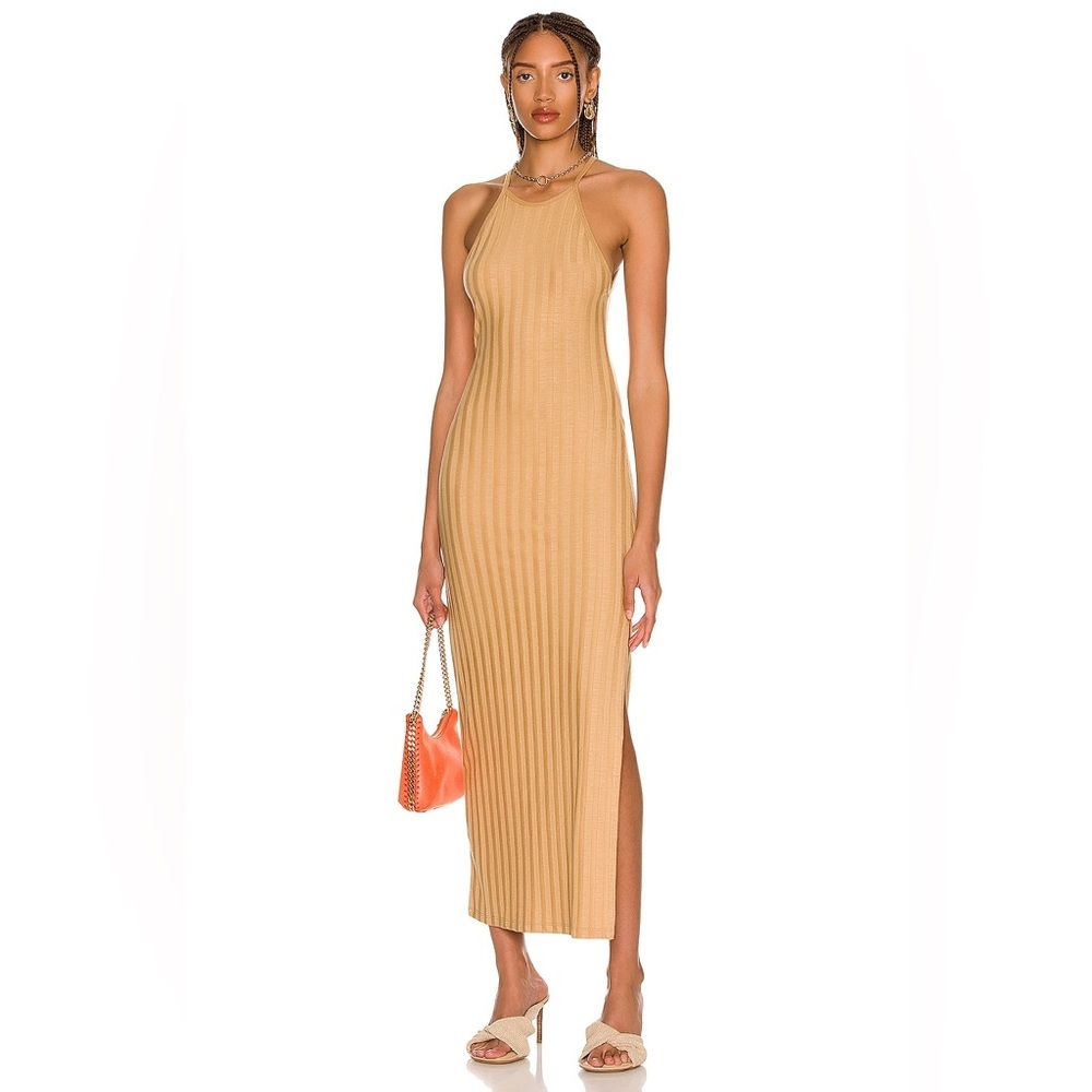 Jonathan Simkhai Womenās Size M Tan Ribbed Knit Maxi Dress High Neck Side Slit